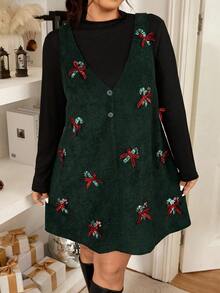 Lounesse 2pcs/Set Plus Size Women's Christmas Sequin Bow Decor Long Sleeve T-Shirt Dress - Dark Green - View 8