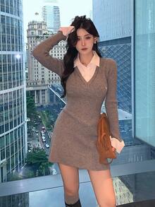 DAZY Women's 2 In 1 Contrast Color Korean Cartoon Embroidery Mid-Length Sweater Dress, Autumn/Winter