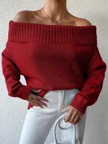 EURMUSE Women's Solid Color Off-Shoulder Loose Casual Long Sleeve Pullover Sweater - Red - View 3