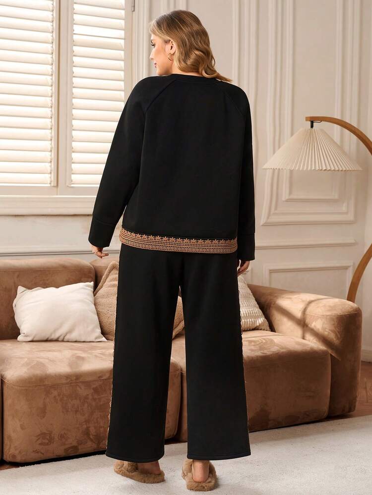 Plus Size Women Casual Commuter Contrast Lace Pocket Raglan Sleeve Sweatshirt And Wide Leg Pants 2 Pieces Set Cozy Fall And Winter Clothes For Women New Year Look Maija Fall Winter 2025 Fall/Winter Part  Y Elegant Dress Women  Stylish Clothing Collection Elegant Party Clothes For New Year Christmas Clothes For Women  Winter Clothes For Women Top And Pants Set