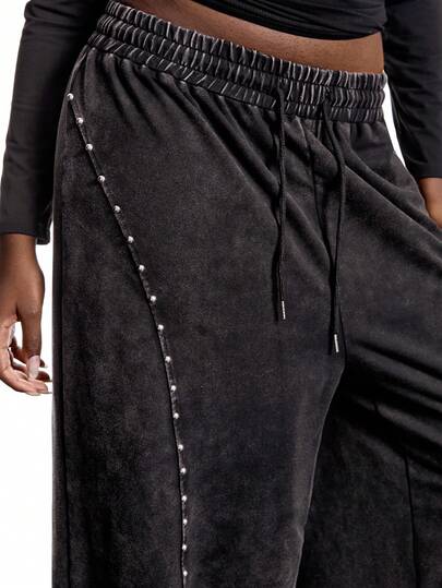 LYSMO 大码时尚复古做旧铆钉宽松运动裤