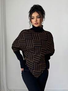 Elenzga Women's Elegant High Neck Geometric Textured Poncho Sweater, Colorblock, Suitable For Home & Travel, Spring/Autumn - Chocolate Brown - View 3