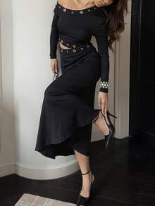 SHEIN Unity Damen Schwarzes Maxikleid mit langen Ärmeln, asymmetrischer Schulter, Ausschnitt-Taille und Fischschwanz-Saum, Ösen-Ausschnitt-Design, Y2K Punk Stil, modisch, sexy, geeignet für Party, Nachtclub, Straße, Musikfestival, bequem, dehnbar, weich, Herbst - Schwarz - Übersicht 4