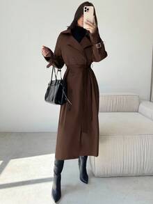 Firerie Women's Khaki Lapel Faux Leather Sleeve Cinched Waist Double-Breasted Mid-Length Trench Coat, Long Sleeve Windbreaker, Spring/Autumn/Winter Clothing, Commuting, Elegant, Everyday, Work Wear,Women's Winter Clothes - Chocolate Brown - View 7