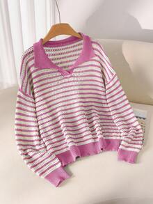 CosyJoli 大码休闲 Polo 领条纹长袖套头衫女式套头衫女式毛衣女式毛衣条纹毛衣 V 领毛衣秋冬 - 粉色 - 查看 5