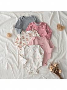 Loomiva 5pcs/Set Newborn Baby Boy/Girl Cartoon Animal Pattern Soft Knit Crew Neck Long Sleeve Snap-Up Bodysuit - Multicolor - View 7