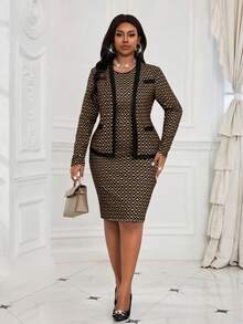 Fleurora New Autumn And Winter Elegant Commuting Office Colorful Knitted Pencil Midi Long Sleeve Plus Size Co-Ords Winter Clothes For Women Thanksgiving Winter Clothes Winter Outfit Classy Outfits Stylish Clothing Collection Winter Clothes For Women - Multicolor - View 4