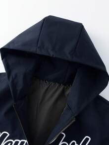 Manfinity Roghcode 男士休闲美式街头风字母印花拉链连帽长袖外套，适合春秋季日常通勤 - 藍色 - 查看 3