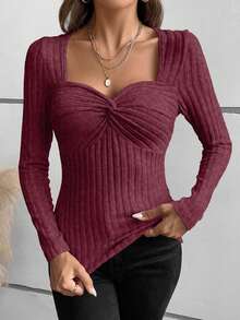 EMERY ROSE Fashionable & Elegant Women's Sweetheart Collar Twist Long Sleeve T-Shirt - Maroon - View 6