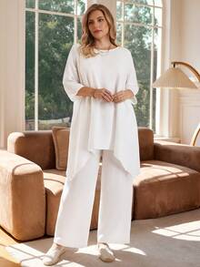 Rosumi 大码女式夏季宽松上衣，带口袋和裤子，休闲白色亚麻套装，不对称下摆和七分袖 - 白色 - 查看 3