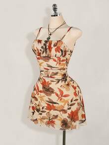 SHEIN ICON 女式复古枫叶印花褶皱迷你连衣裙，适合暑假、返校季 - 彩色 - 查看 9