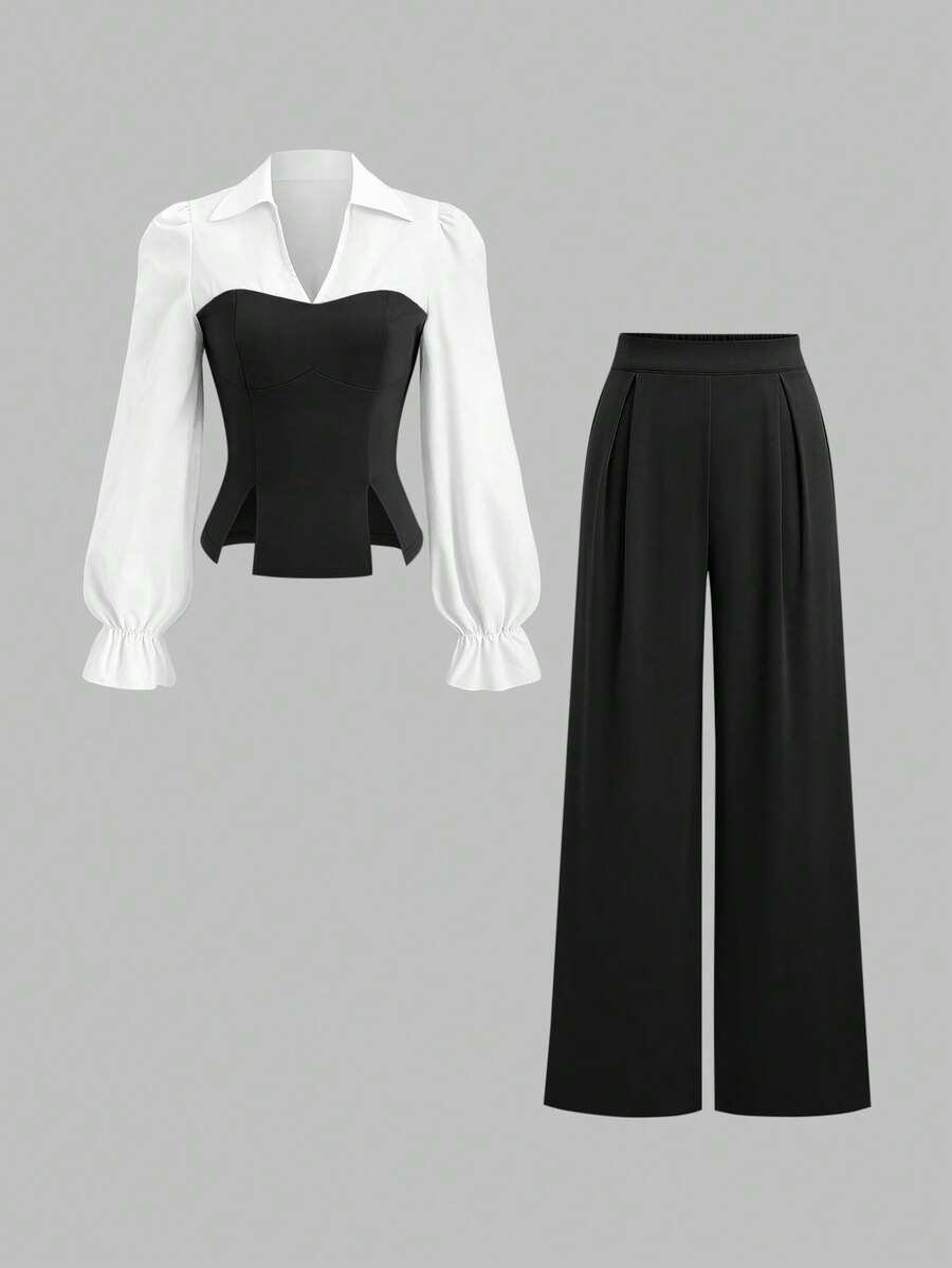 Sweetra 秋季女士简约长袖衬衫和直筒裤两件套办公室套装 - 黑色 - 查看 1