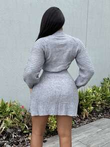 Alexandranx 秋季女装灰色毛呢连衣裙收腰A字显瘦针织裙灯笼袖高领毛衣连衣裙冬季女装 - 灰色 - 查看 2
