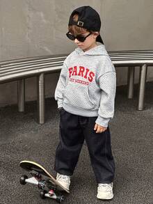 Genkimix Kids Winter Toddler Boys' Hooded Pocket Jacquard Textured Striped Paris English Graphic Street Style Sweatshirt Hoodies  Long Sleeve Top Grey Red Printed Letters - Grey - View 5