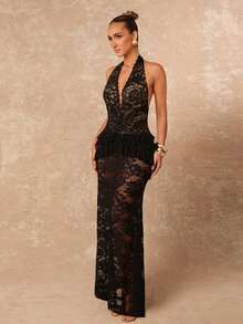 Lumalex Robe de demoiselle d'honneur bordeaux à volants en dentelle et maille contrastée, robe de soirée élégante et glamour à épaules dénudées, nouvelle collection automne-hiver pour fête, mariage, cérémonie, vacances, festival - Noir - Voir 9