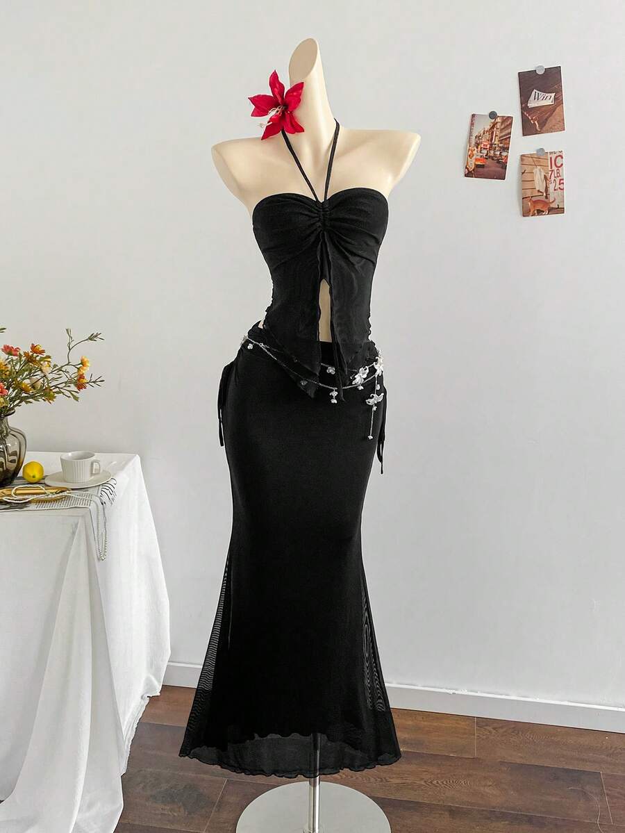 Soleia 全新度假西部海滩婚礼宾客服装、毕业早午餐、圣帕特里克节、春假、复活节、音乐节、优雅波西米亚热带露肩无袖网眼荷叶边下摆两件套 - 黑色 - 查看 1