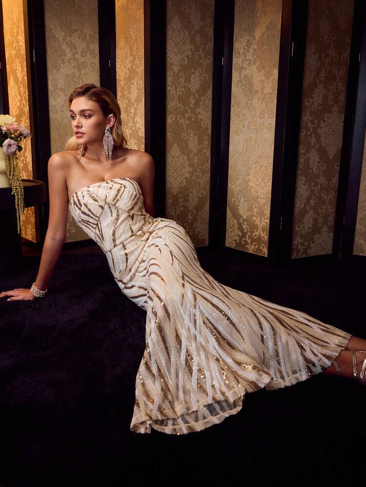 MOTF Soiréza SEQUIN EMBROIDERED TEXTURED 3D BOW BANDEAU MERMAID DRESS, ELEGANT FORMAL GOWN FOR PARTY, BANQUET, COCKTAIL