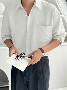 DAZY Men Solid Color Casual Daily Wear Simple Shirt With Turn-Down Collar Long Sleeve Men Shirt, For Fall Business Attire - Beige - View 4