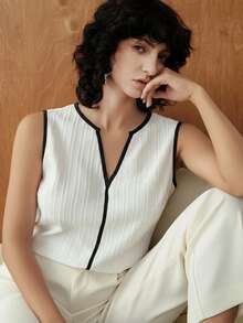 Uhlyne 女士时尚缺口领无袖衬衫，简约休闲日常穿着 - 白色 - 查看 4