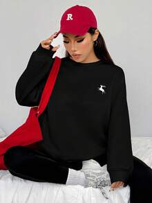 SHEIN EZwear 2 件鹿图案休闲宽松圆领运动衫和紧身打底裤套装，适合秋冬季 - 黑色 - 查看 2