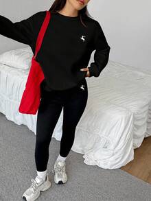 SHEIN EZwear 2 件鹿图案休闲宽松圆领运动衫和紧身打底裤套装，适合秋冬季 - 黑色 - 查看 5