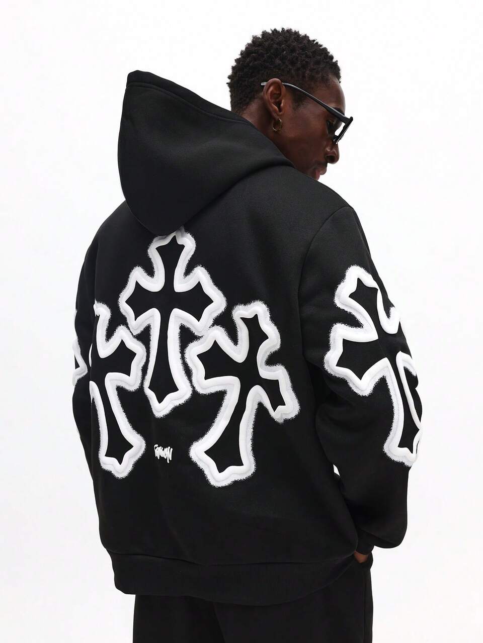 SUMWON Ensemble de survêtement oversize avec imprimé blanc abstrait. Doublure en polaire pour l'hiver. Tenue de détente