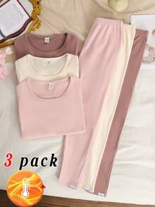 SHEIN 6件套少女休闲舒适保暖基本款简约圆领插肩长袖上衣搭配字母装饰柔软保暖裤，秋冬内衣套装，女童裤装套装，女童套装，女童三件套，睡衣套装 - 彩色 - 查看 4