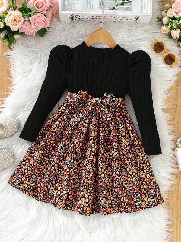 Young Girl Casual Patchwork Ditsy Floral Puff Sleeve Dress, Autumn