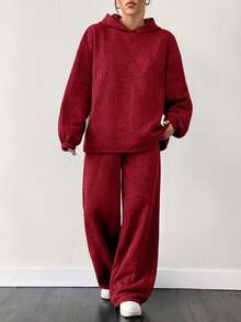 SHEIN EZwear Bộ 2 áo nỉ len dệt kim lót nhiệt cỡ lớn màu đỏ và quần dài ống rộng - Màu Hoa hồng đỏ - Xem 3