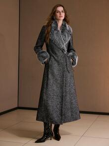 MOTF PREMIUM 女士仿皮草领羊毛混纺大衣，秋冬 - 黑色 - 查看 7