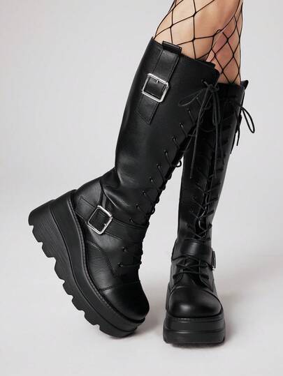Grunge Punk 2025 Fashion Gothic Style PU Thick Sole Buckle Lace-Up Over-The-Knee Boots, Motorcycle Riding Boots, Wedge Heel Slim Leg Tall Boots For Autumn/Spring