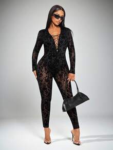 Radiana 性感黑色复古宫廷风花卉植绒透视网眼紧身衣，哥特式修身长袖连体裤，适合秋冬季派对、聚会、夜总会、万圣节、狂欢节 - 黑色 - 查看 3
