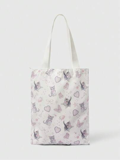 Kawaii Reusable Canvas Tote Bag With Allover Print Eye/Moon/Star Pattern, Shoulder Bag Design Suitable For Shopping