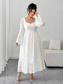 Elenzga Vestido de mujer talla grande con cuello cuadrado de encaje y mangas acampanadas, elegante para citas - Blanco - Ver 5
