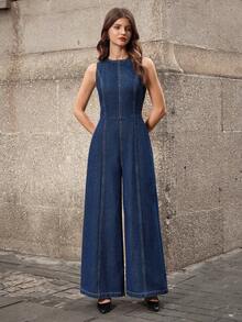 Selenza 女式时尚性感露背阔腿牛仔连体裤 - 藍色 - 查看 4