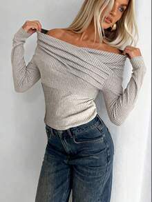 Aloruh 女士休闲优雅露肩修身长袖T恤，适合秋冬季，拉绒 - 杏色 - 查看 8