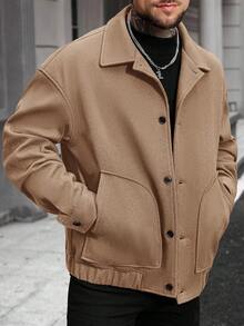 Manfinity Homme 男士时尚休闲单排扣大衣，秋冬季 - 卡其色 - 查看 5