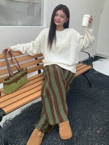 Dazy Plus 大码女式休闲粗条纹拼接松紧腰睡裤、家居服 - 墨綠色 - 查看 9