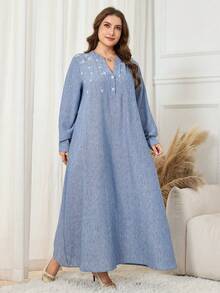 Modelyn Vestido casual de otoño con cuello con muesca bordado para tallas grandes - Azul - Ver 4