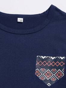 2 件套女童海军蓝简约图案印花舒适睡衣套装，长裤和长袖 - 藏蓝色 - 查看 4