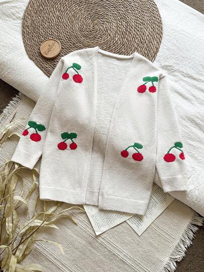 Vintaside Kids Vintage Casual Girls Sweet Cherry Print Loose Long Sleeve Cardigan For Toddlers