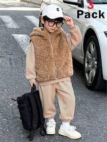 SHEIN 3 件套年轻男孩休闲卡其色纯色字母图案长袖连帽衫、蓬松背心夹克、松紧腰裤三件套服装，秋冬 - 卡其色 - 查看 7