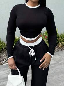 Alexandranx 撞色修身长袖上衣休闲度假机场假日可爱秋季返校秋冬 - 黑色 - 查看 3