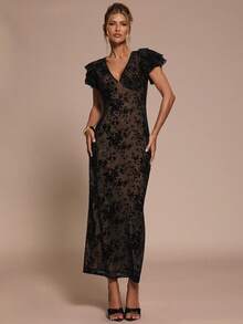SHEIN BAE Damen Einfarbiges Kleid mit Spitzen-Patchwork V-Ausschnitt und Puffärmeln - Schwarz - Übersicht 5