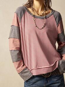 Bohemela Camiseta de manga larga holgada de punto vintage con rayas de colores y diseño de patchwork de cuello redondo, estilo occidental vintage country, adecuada para conciertos, vacaciones y vuelta al cole, apta para otoño/invierno - Multicolor - Ver 2