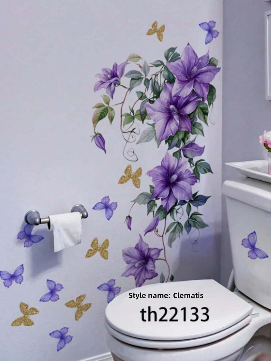 1PC PVC Self Adhesive Removable Vinyl Wall Sticker Flower Leaf Butterfly Pattern Purple Floral Spring Garden Design Home Decor Wall Decal For Living Room Bathroom Cabinet Sofa Backdrop Spring Decoration Easter Decor Home Makeover Wall Art Gift
