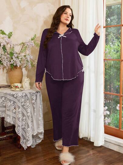 Côtesoire Ensemble de pyjama grande taille pour femmes, col romantique violet, col en V, nœud papillon, manches longues en soie de lait douce et légère, top et pantalon. Ensemble de vêtements de détente minimaliste et casual pour les courbes. Ensemble de pyjama grande taille pour l'automne et l'hiver