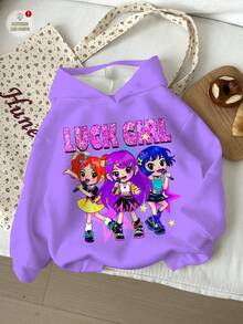 Leap Crew Tween Girl Casual Cute Anime Cartoon K-POP Graphic Loose Fit Sweatshirt, Violet, Suitable For Autumn/Winter - Multicolor - View 2