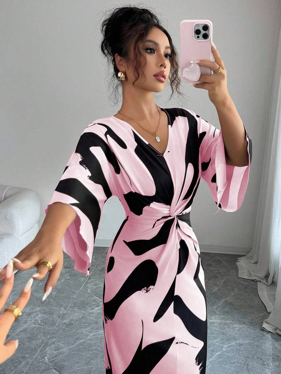 Selianne Đầm nữ màu nền mơ lụa sữa in kỹ thuật số vải co giãn cao cổ chữ V thiết kế xoắn eo ôm vừa vặn viền bất đối xứng thiết kế hở eo thanh lịch, thích hợp cho các buổi hẹn hò, lễ tạ ơn, halloween, thời trang thu mới thiết yếu - Hồng - Xem 1