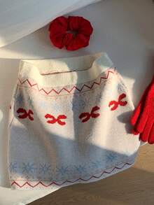 Comfortcana Women's Snowflake Pattern Knitted Mini Skirt, Suitable For Christmas, Autumn/Winter Knit Sets - Multicolor - View 1